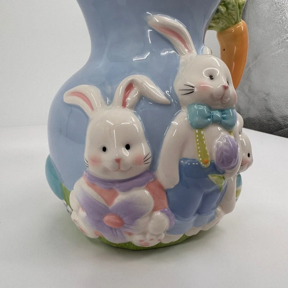 Blossoms & Blooms Easter‎ Bunny Rabbit Ceramic Pitcher Carrot Handle Blue 8
